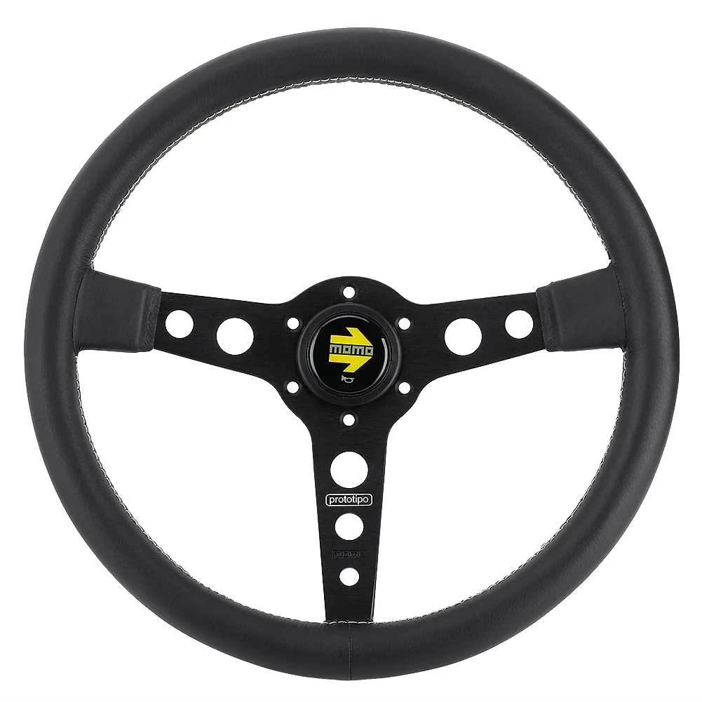 350mm/14in for MOMO Prototipo Style 6-Bolt Black Leather Racing Steering Wheel Gray Stitching with Horn Button