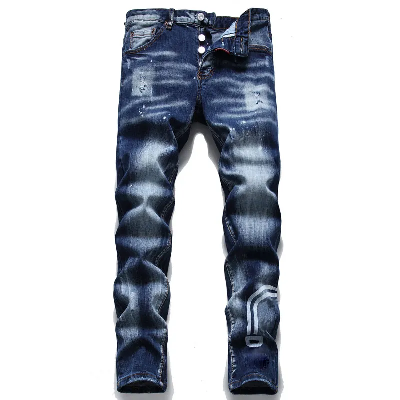 Mens denim jeans ds gestapeld patchwork blauw versleten zakelijke broek jongens overalls recht midden taille stretch denim broek voor 2022 herfst winter