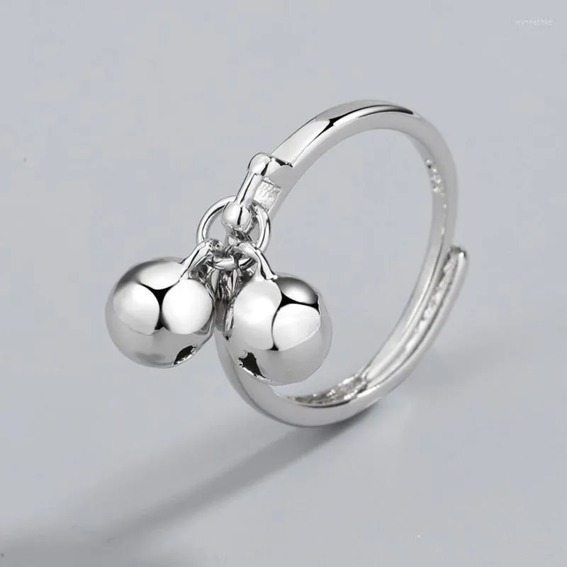 クラスターリングExquisite 925 Sterling Silver Ring Girl Fashion Jewelry調整可能なかわいい2つのベル