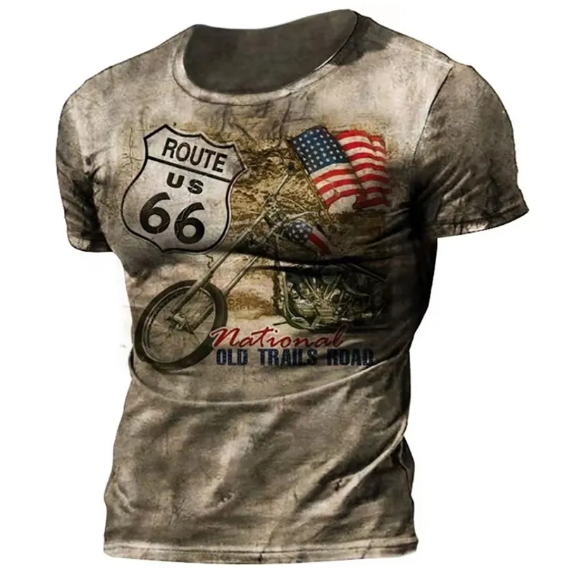Vintage Motocyclel US Route 66 Hommes T-shirt D'été Lâche Col Rond À Manches Courtes Streetwear Tops T-shirts Casual Surdimensionné T-shirts 220607