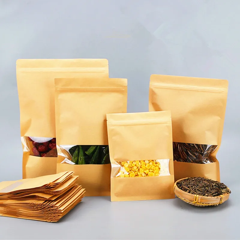 100pcs Flat Bottom Kraft Paper Clear Window Zip Lock Packaging Bag Resealable Biscuits Coffee Powder Snack Candy Cereals Heat Sealing Gift Storage Pouches