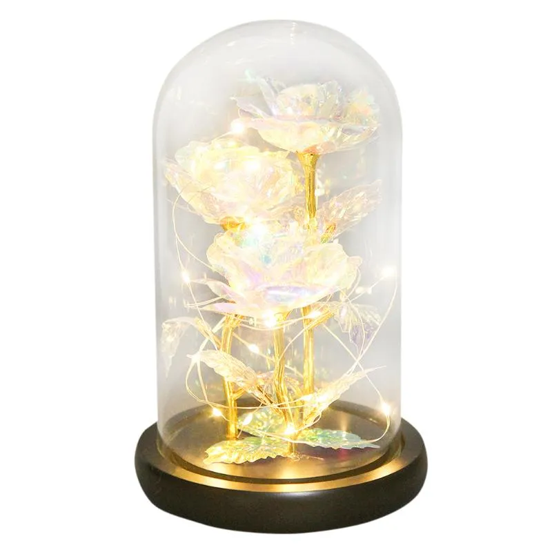 Sznurki w szklanej kopułach konserwowane świeże kwiaty złota folia róża wieczna romantyczna nieśmiertelność uroda domowa Dekoracja dioda LED