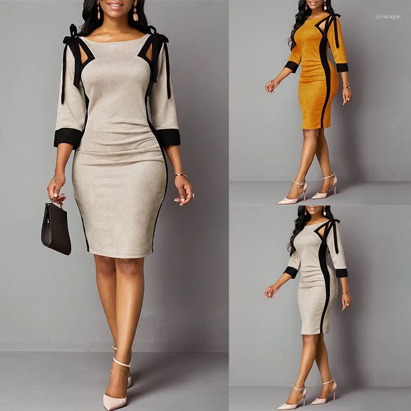 Casual Dresses Summer Arrivals Women Brushed Fabric Church Elegant Hollow Out 3/4 Sleeves Work Office Knee Length Formal DressCasual