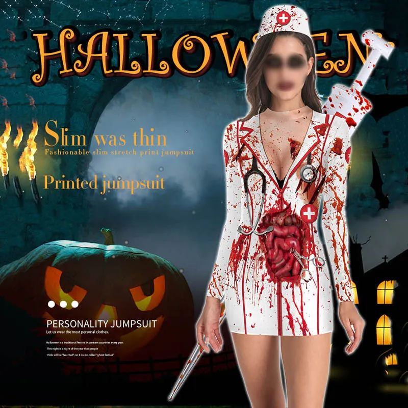 Forniture per feste festive Costume da festa di Halloween Stampa digitale 3D Infermiera Zombie Girocollo Slim Abito a maniche lunghe Holloween Ladies Cosplay Gonna anca ZL1245