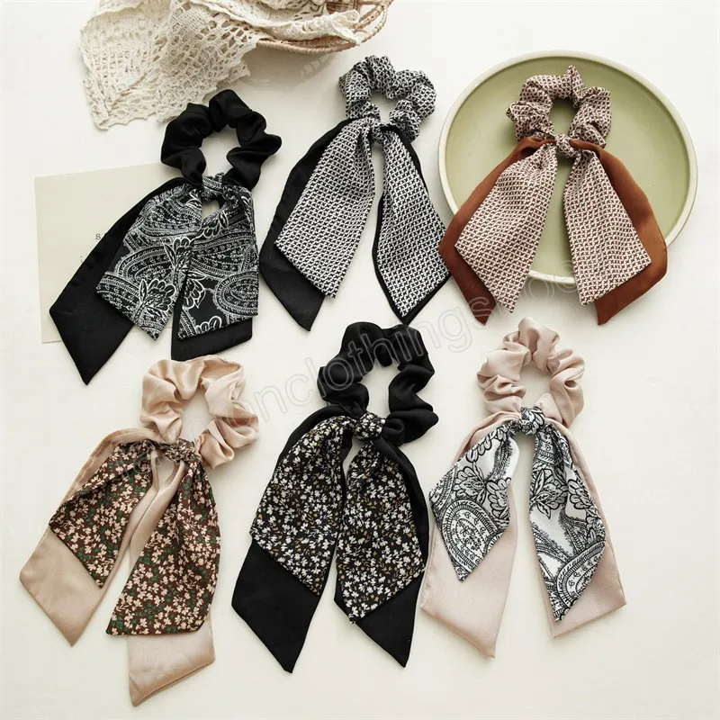 Blumendruck-Satin-Haarbänder für Mädchen, langes Band, Haarseil, Pferdeschwanz-Halter, Damen-Haargummis, Haar-Accessoires