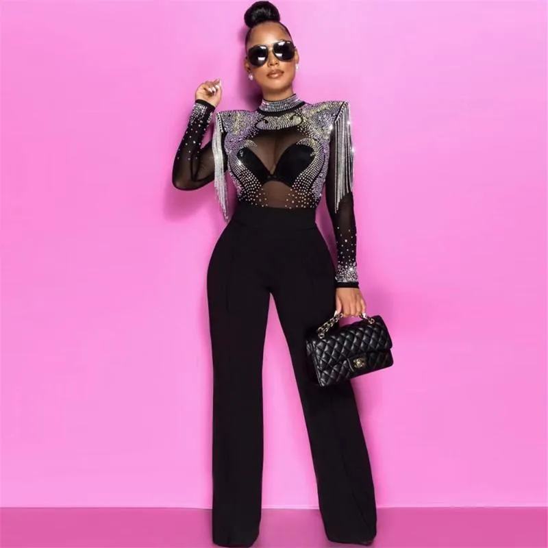 Women's Two Piece Pants Women Set Sexy Tassel Mesh Tops Bodycon Bandages Pieces Sets Summer Autumn ClothesWomen's