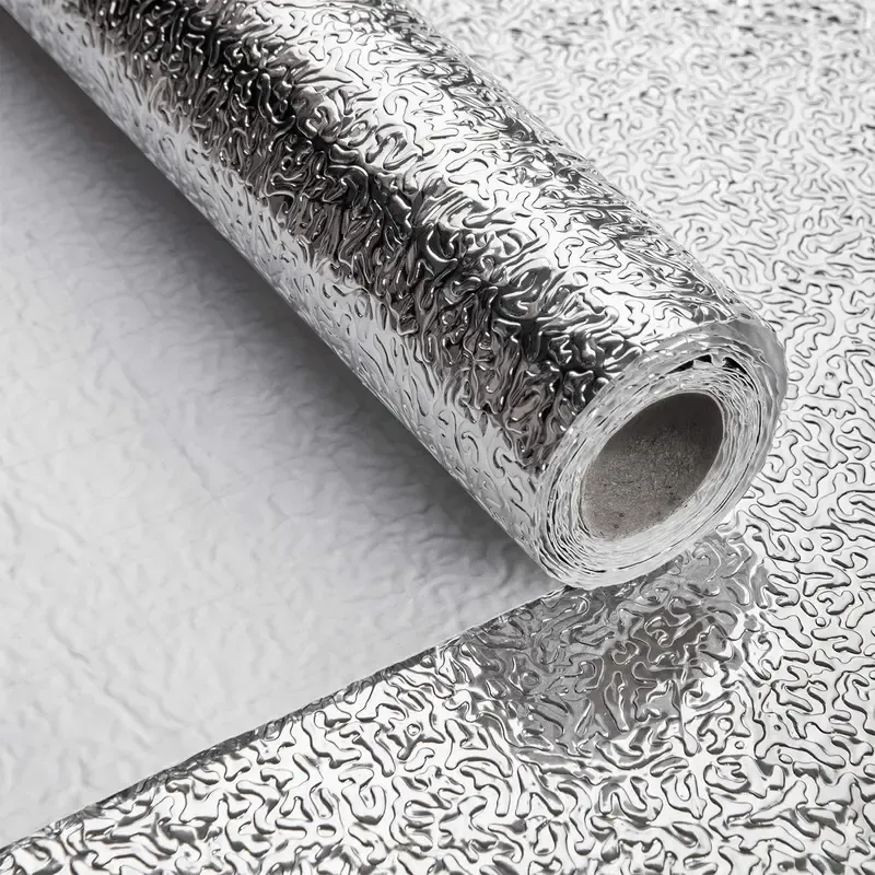 Keukenolievrije aluminiumfoliestickers Moderne minimalistische zilver hoge temperatuur resistent zelfklevende kast 3D Wallpaper
