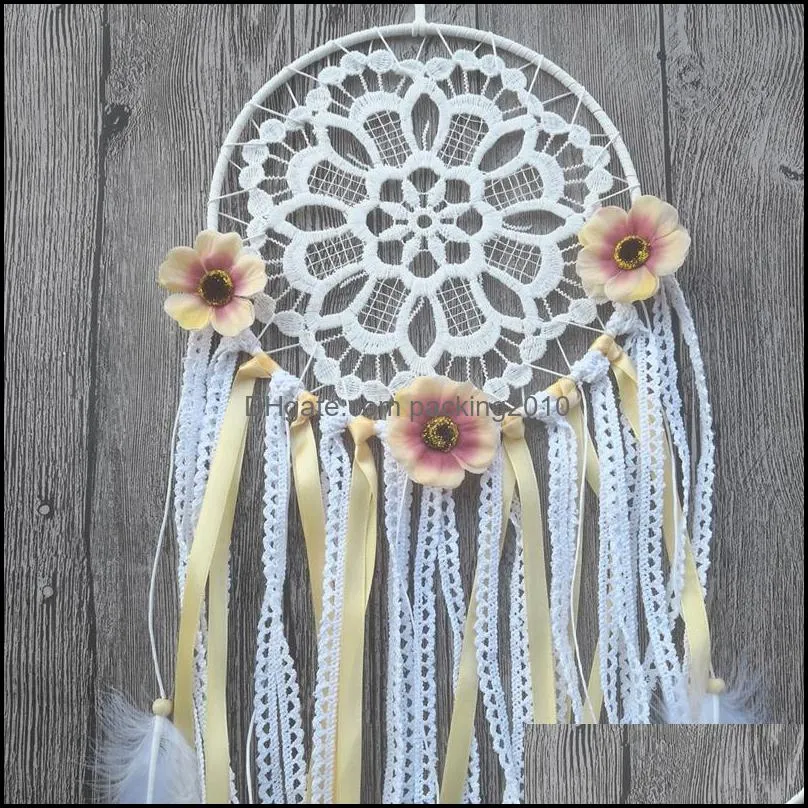 boho dream catchers handmade white gold feather dreamcaters with flowers for wall hanging decoration wedding decoration craft home