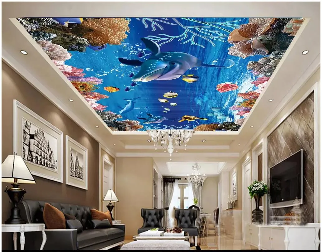 Anpassad tapet 3D Photo Mural Underwater World Colorful Coral Fish Dolphin för vardagsrum sovrummet zenith tak väggmålning papel de parede