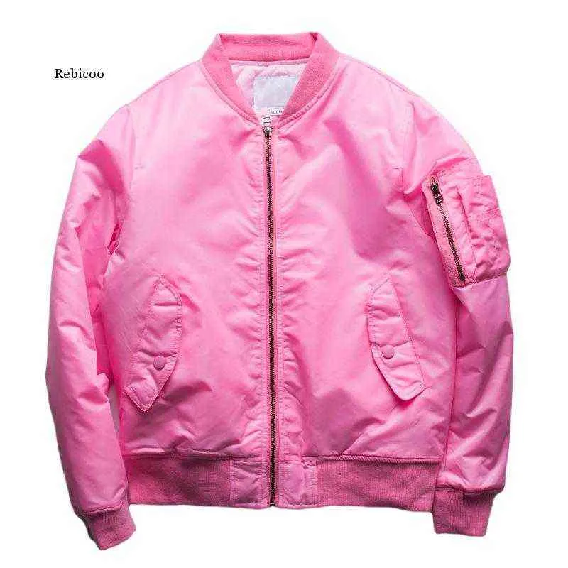 Giacca bomber da uomo rosa imbottita giacche da aviatore con cerniera manica tasca colletto colletto giacca da baseball cappotto rosa stile militare Y220803