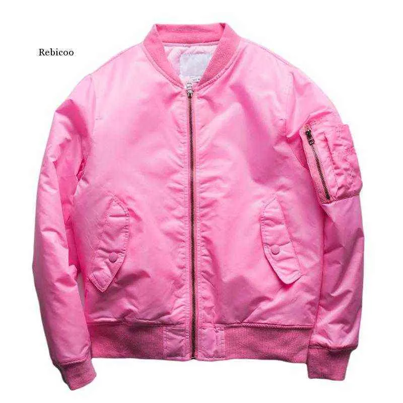 Mens Pink Bomber Jacket Padded Aviator Jackets Zippered Sleeve Pocket Stand Collar Baseball Jacket Military Style Pink Coat Y220803