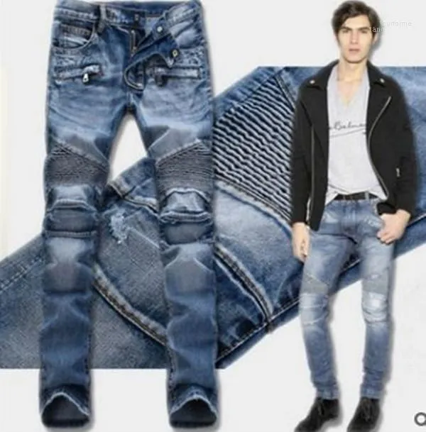 Groothandel- European-Amerikaanse stijl mannenjeans Luxe heren denim broek slanke rechte patchwork gentleman ritssluiting broek1