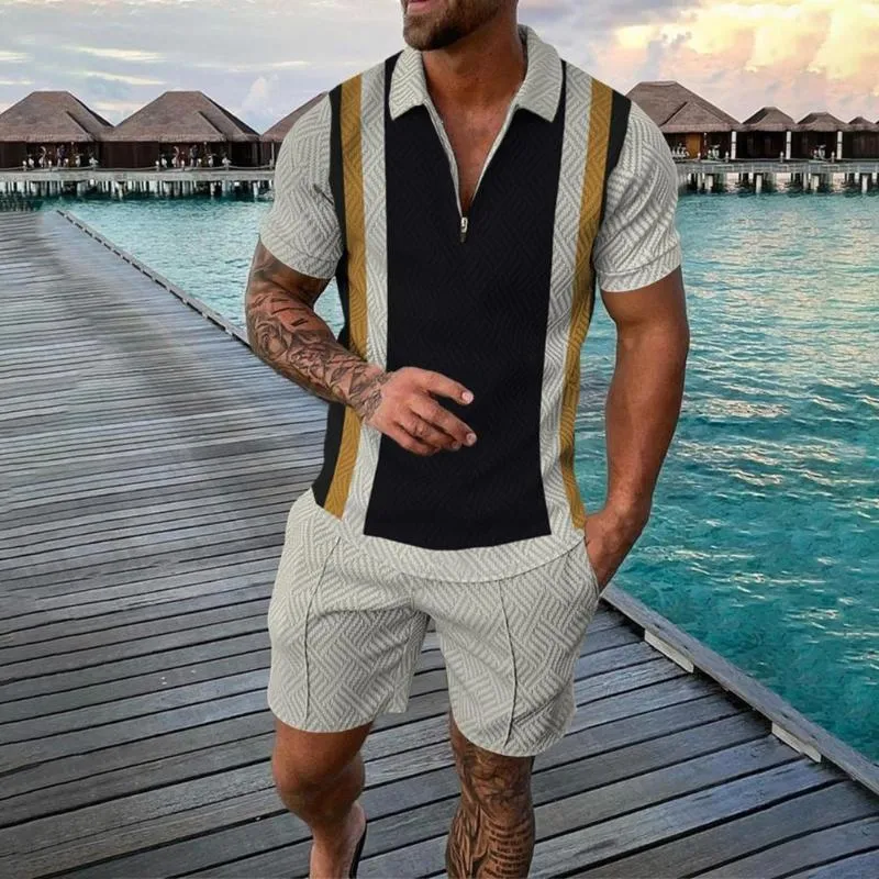 Men's Tracksuits Men's Suit 3D Digital Print Pockets Summer Short Sleeve Shirt Shorts Fashion Zipper Two Piece Men TracksuitMen's Men'sM