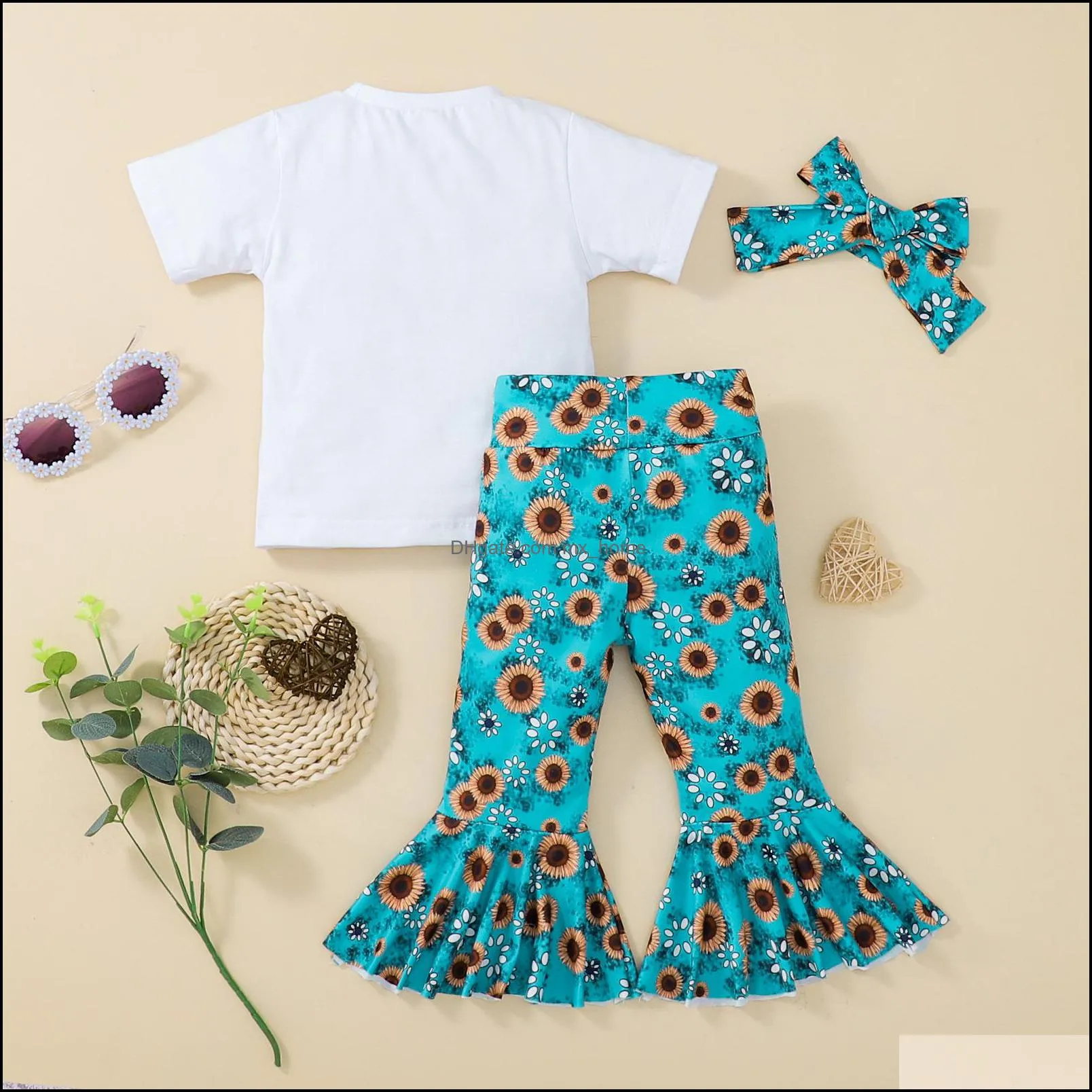 kids clothing sets girls outfits children letter print tops sunflower print flared pants headband 3pcs/set summer fashion baby clothes