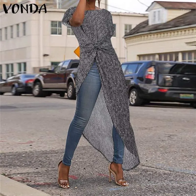 Women Long Blouse VONDA Ladies Office Shirts Sexy Split Hem Striped Party Tops Summer Asymmetrical Tunic Plus Size Blusas Women's Blouses &