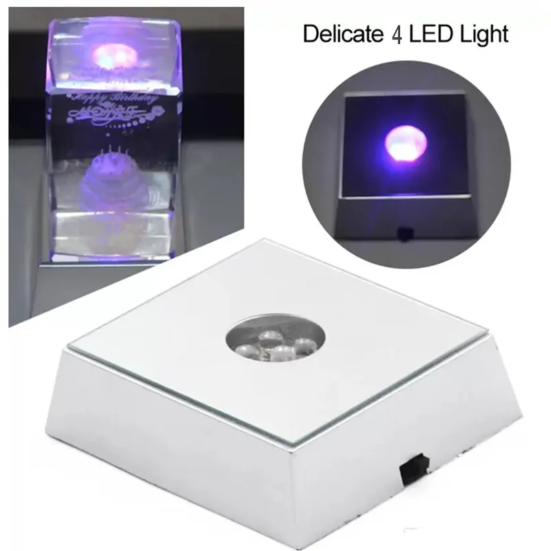 4 LED Light Base Luminous Night Lights Crystal Glass Transparent Objects Display Stand Colorful Square Glorifier