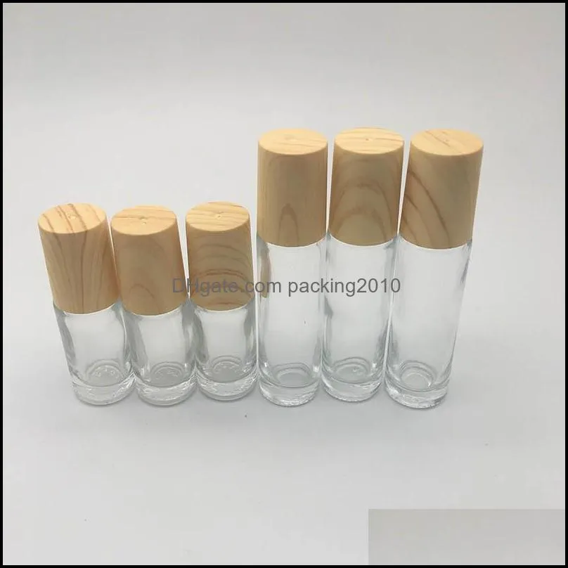 Frosted Clear Glass Roller Bottles Vials Containers with Metal Roller Ball and Wood Grain Plastic Cap for  Oil Perfume 5ml