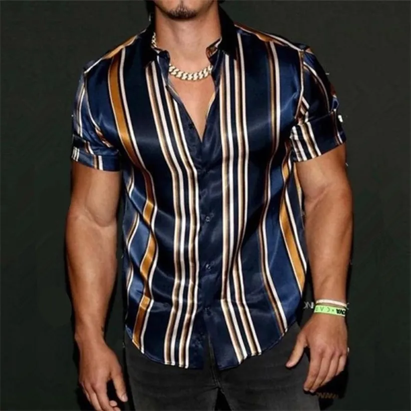 Yaz Erkek Vintage Çizgili Gömlek Moda Casual Lüks Kısa Kollu Hawaii S Erkekler Için Blusas Camisa Masculina 220326