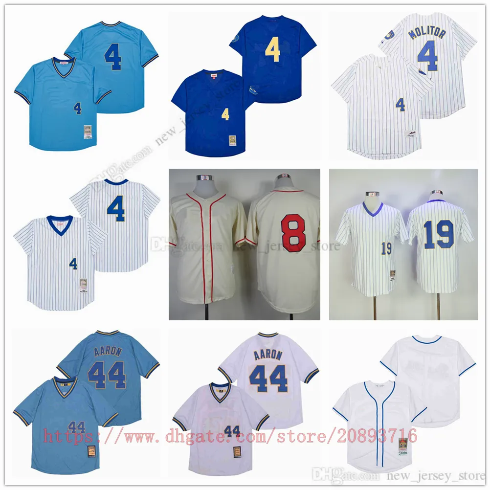 영화 빈티지 야구 유니폼을 입는 스티치 4 Molitorblue 19 Robinyount 44 Hankaaron 8 Ryanbraun All Stitched Away 통기성 스포츠 고품질 저지