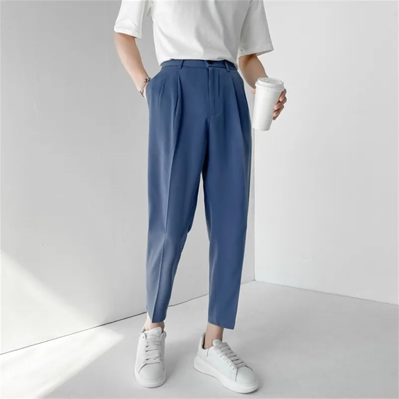 Herrbyxor sommar mode elastisk midja ankel längd casual kostym pant koreansk stil vanlig fasta lyxbyxor beige blå 220826