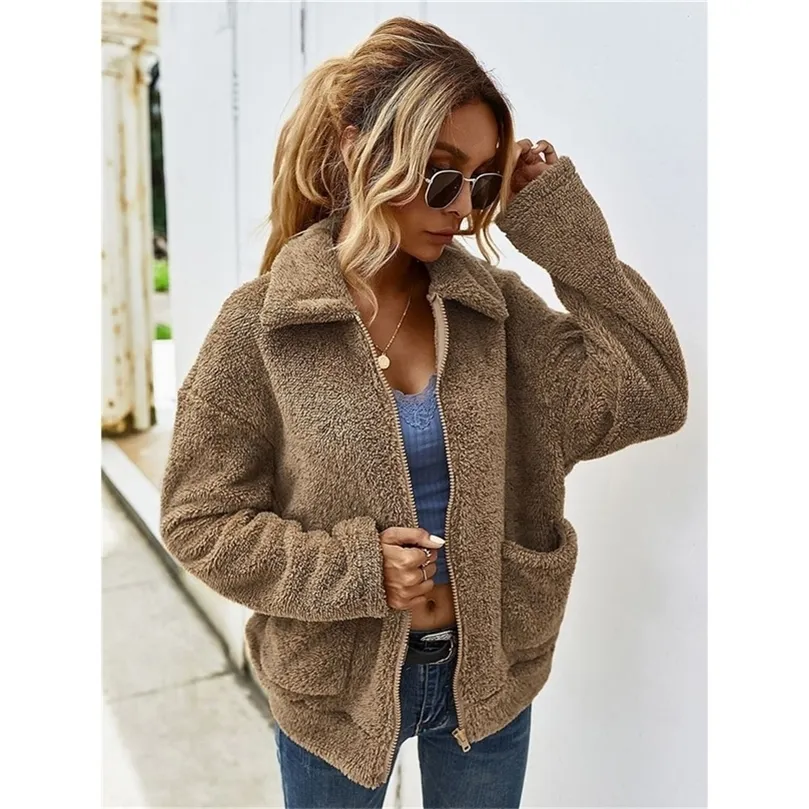 Kvinnor Winter Sherpa Sweater Blend Fleece Fluffy Zipper Cardigan Ladies Autumn Streetwear Lapel Zipper Jacket Teddy Sweaters 201225