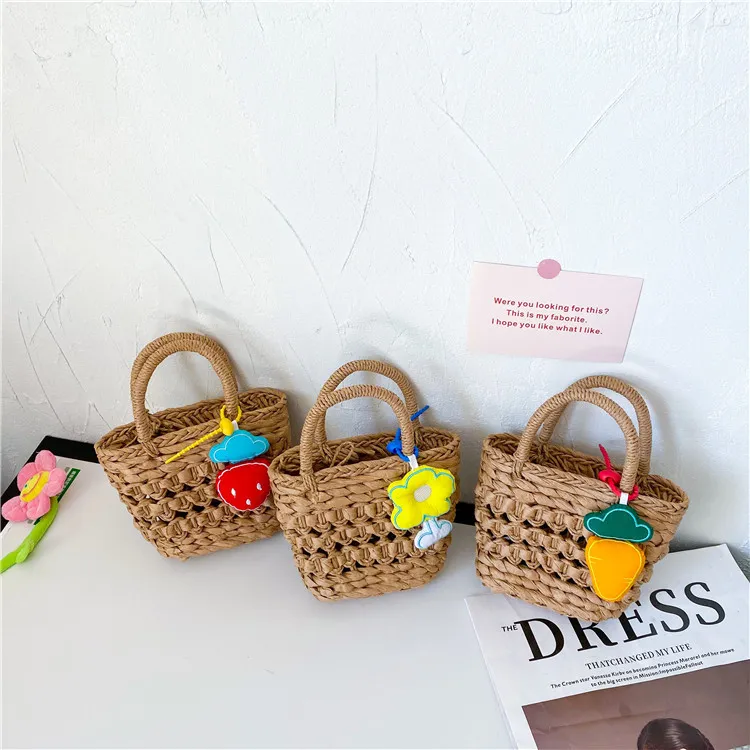 girls Flower beach handbags summer 2022 kids cartoon 3D fruit grass woven bag fashion hollow outs casual one shoulder bags F1224