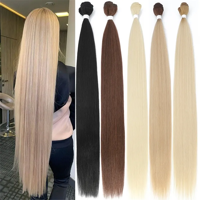 Bone Straight Hair Bundles Salon Natural Hair Extensions Fake Fibers Super Long Synthetic Yaki Straight Hair Weaving Full to End 220622