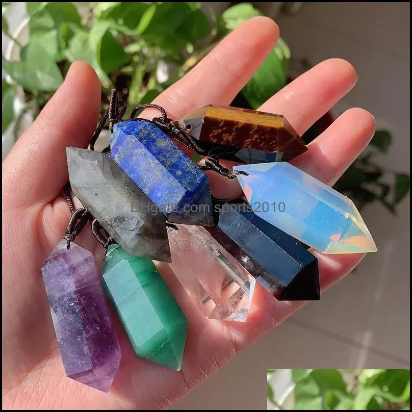 big natural stone pendant crystal jewelry lapis amethyst opal rose quartz obsidian bullet hexagonal pendulum necklace amule sports2010