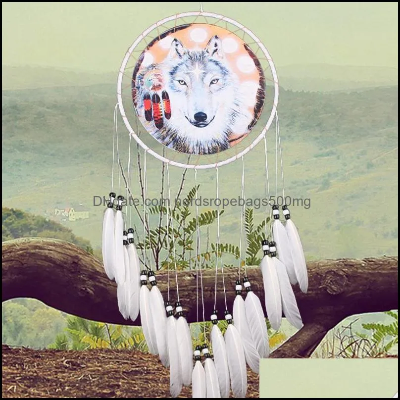 Wolf Printed Dream Catcher Novelty Items Net Feather Bead Dreamcatcher Hanging Ornament Children Room Decoration girls