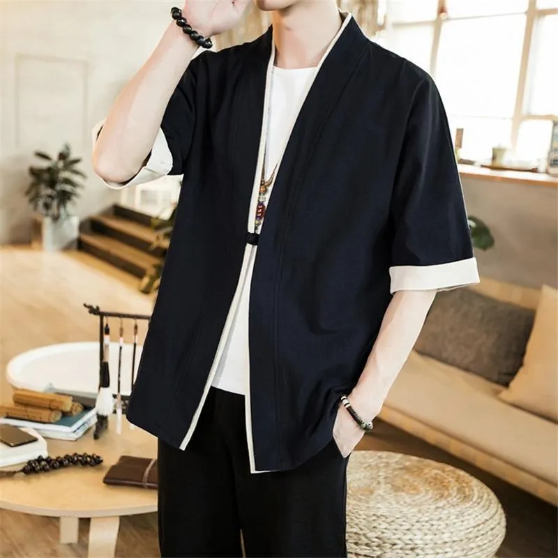 Männer Jacken Sommer männer Leinen Kimono Lange Strickjacke Oberbekleidung Mäntel Mode Streetwear Kurze Lose Männliche Casual OvercoatMen's