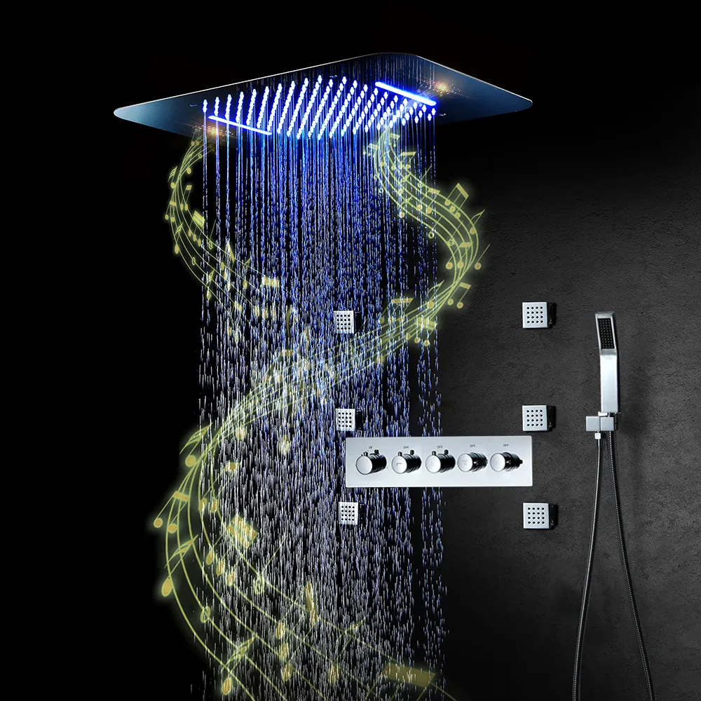Système de douche en nickel brossé avec haut-parleur Panneaux de douche Panneaux en acier inoxydable LED Smart Music Showers Spupuler Jet