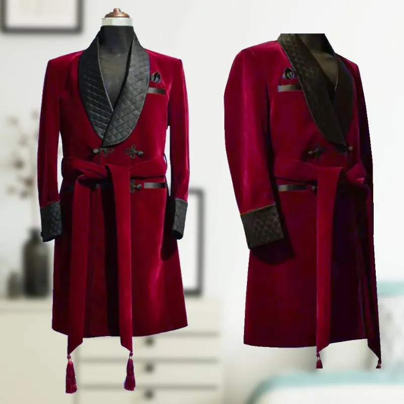 Men's Suits & Blazers Red Velvet Men Tuxedos Custom Made Shawl Leather Lapel Jacket Robe With Belt Long Coat Winter Party Prom DressMen's