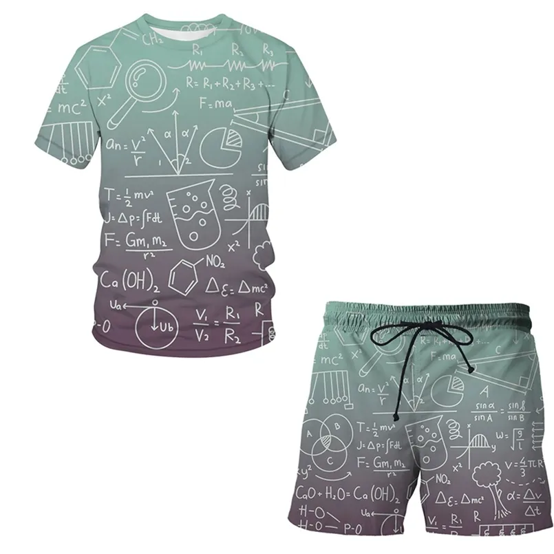 Heren casual sportkleding pak kleding wiskundige formule 3D-printen 2-delig T-shirt met ronde hals patroon pak sportkleding zomer 220622