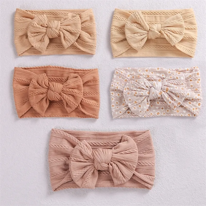 5Pcs Lot Cable Bow Baby Headband Soft Elastic Print Nylon Headbands Set Turban born For Children Hair Accessories W220316261t