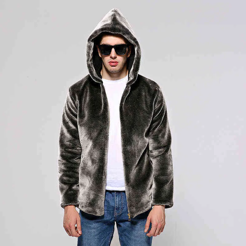 Mens Zilve faux pälsrock faux mink päls fluffig varm jacka män tjock plus storlek hoodie vinter lös casual manlig topp l220725