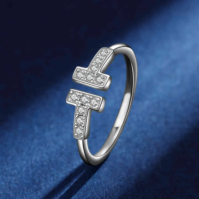 Clásico plateado doble t anillo femenino propuesta de confesión simple compromiso t en forma de t abierta