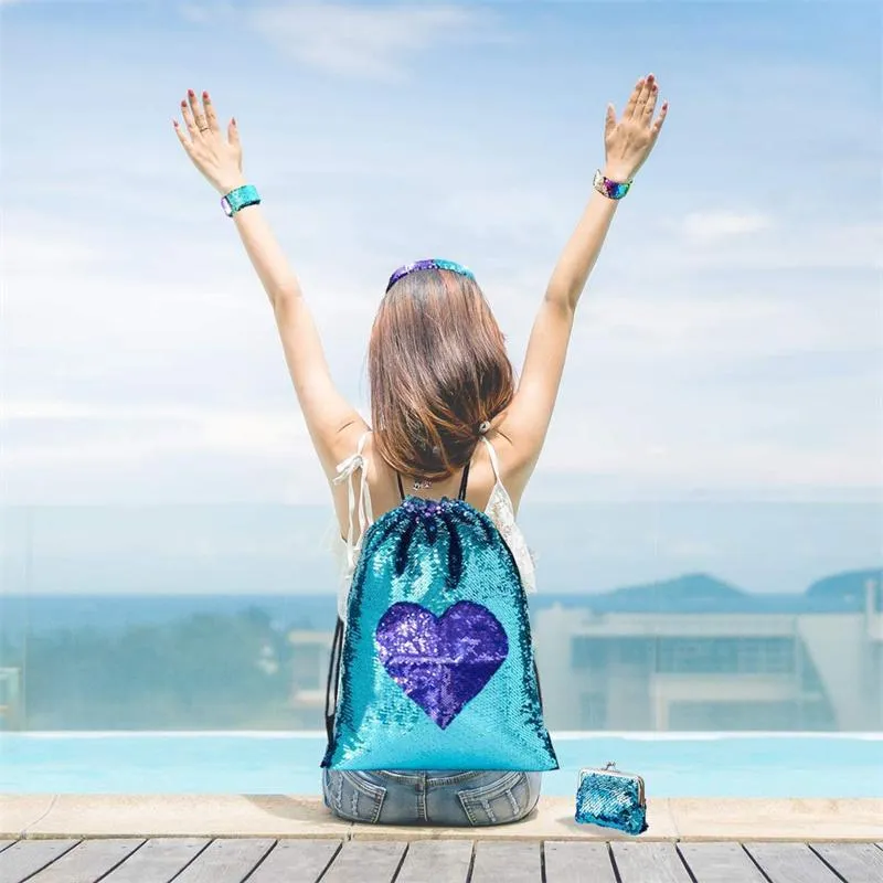 Sublimation Sequin Drawstring Backpack Bag Polyester Travel Storage Bags Portable Shopping Bag For Outdoor Supplies sxmy26
