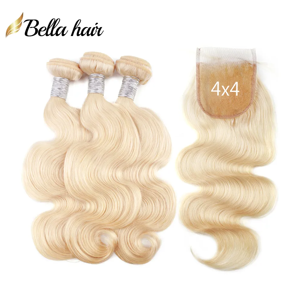 613 Blonde Bundles With Closure Human Hair Extensions 4x4 Transparent Color Lace Closure Brazilian Silky Straight Body Wave 3 Bundle Plus 1 Piece Can be Dyed