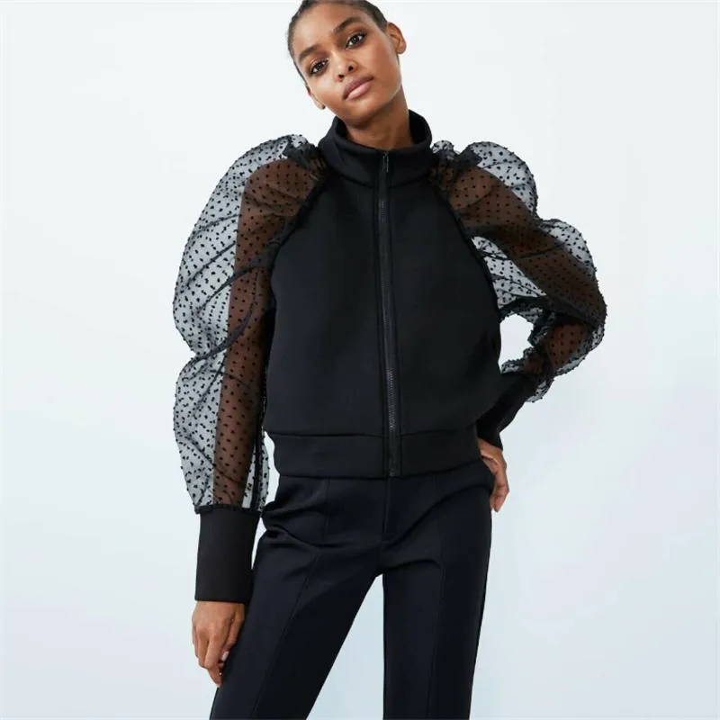 Vestes pour femmes Sexy femmes transparent maille à pois bouffée à manches longues fermeture éclair mince automne mode Patchwork manteau pardessus