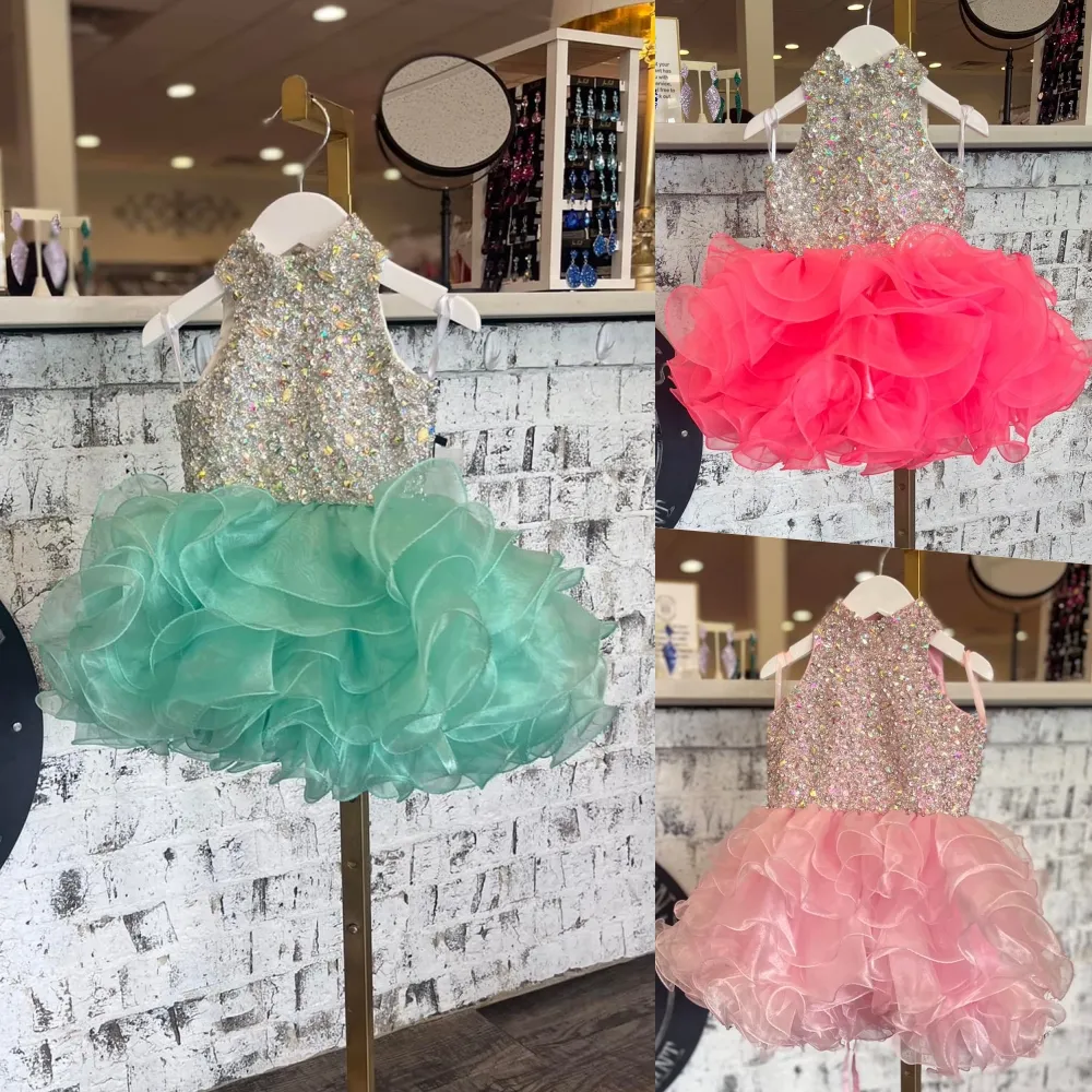 Ruffles Cupcake Girl Pageant Dress 2022 Crystals Little Kids Cocktail Rising Star On-Stage Formal Event Party Wear Dance Gowns Spädbarn Småbarn Flower Girls Aqua Pink