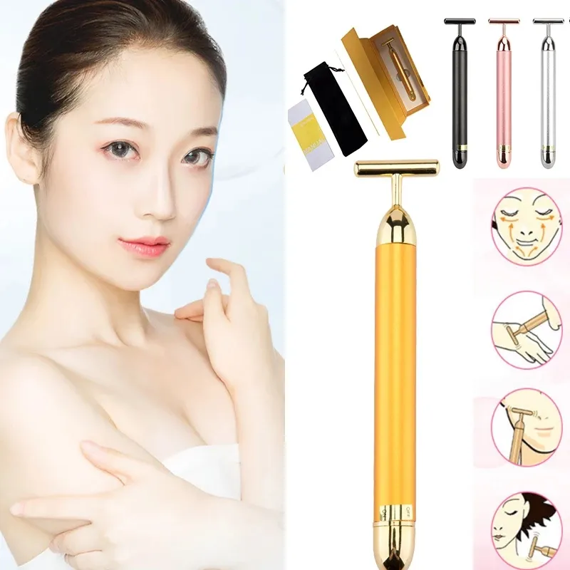 24K Gold Roller Vibrating Facial Massager Slimming Facial Skin Beauty Bar Pulse Firming Face Massage Lift Tightening Wrinkle Care Tools & Devices