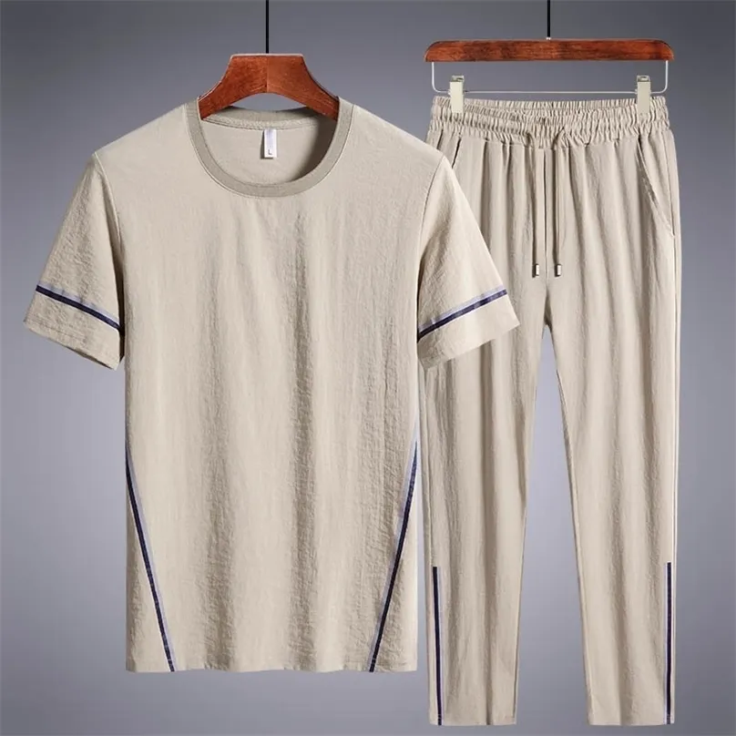 Vêtements pour hommes été glace soie décontracté pantalon à manches courtes costume mâle grande taille lâche coréen deux pièces mince costume de sport 220608