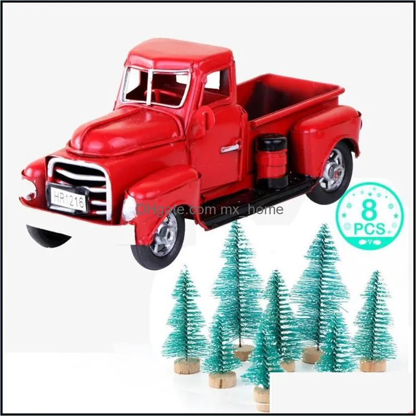 Red Metal Truck and Mini Fake Pine Tree Christmas Decor Christmas Tree Car Model Merry Table Decoration New Year Gifts