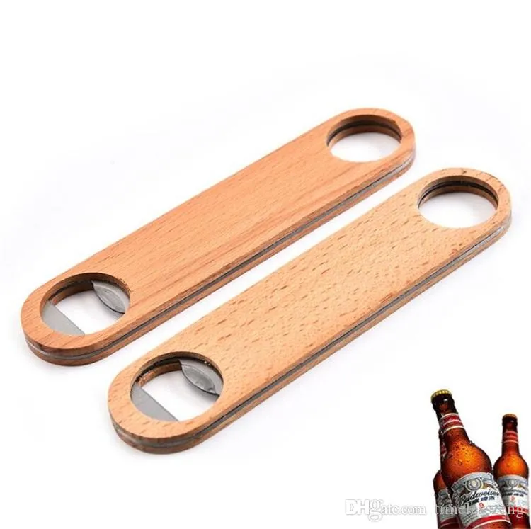 Wooden Flat Beer Bottle Opener Wood Handle Stainless Steel Wine Beer Soda Glass Cap Bottle Opener Creative Kitchen Bar Tools