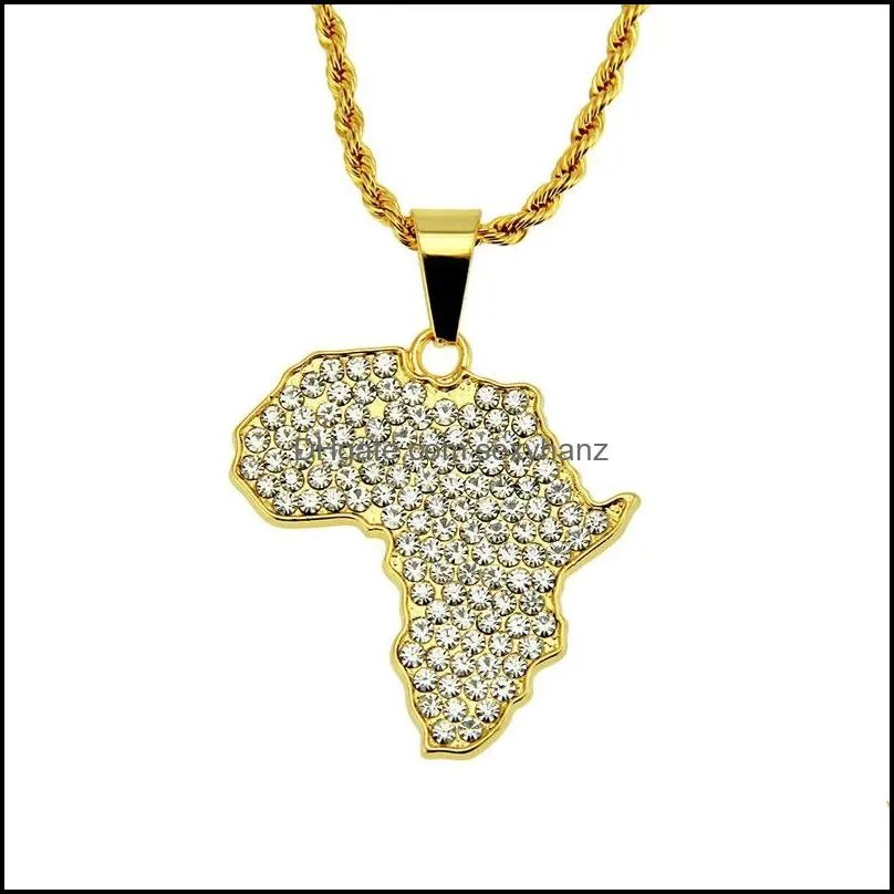 Pendentif Colliers Pendentifs Bijoux Hip Hop Afrique Carte Ice Out Cristal Collier Pour Hommes Plaqué Or Hiphop Chaîne Je Dhu5Z