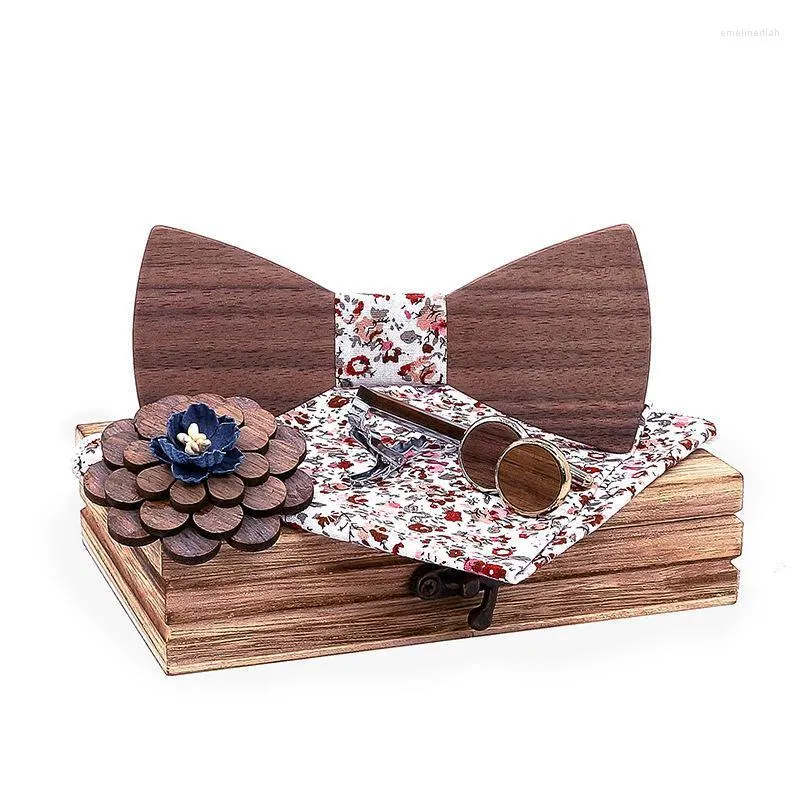 Bow Ties Sitonjwly Wood Bowtie Handkerchief Brooches Cufflinks Tie Clips Set For Men Suit Wooden Butterflies Bowknots GiftsBow Emel22
