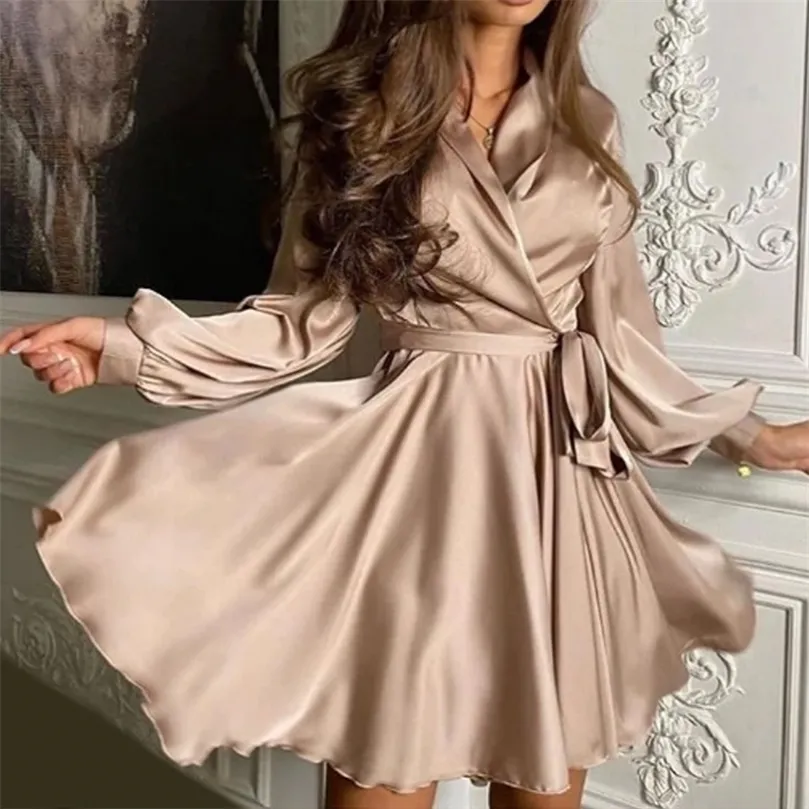 Seksi Saten Sashes Bir Çizgi Mini Elbise Fener Kollu Zarif Parti Bahar Moda Bayan Giyim Streetwear Vestidos 220402