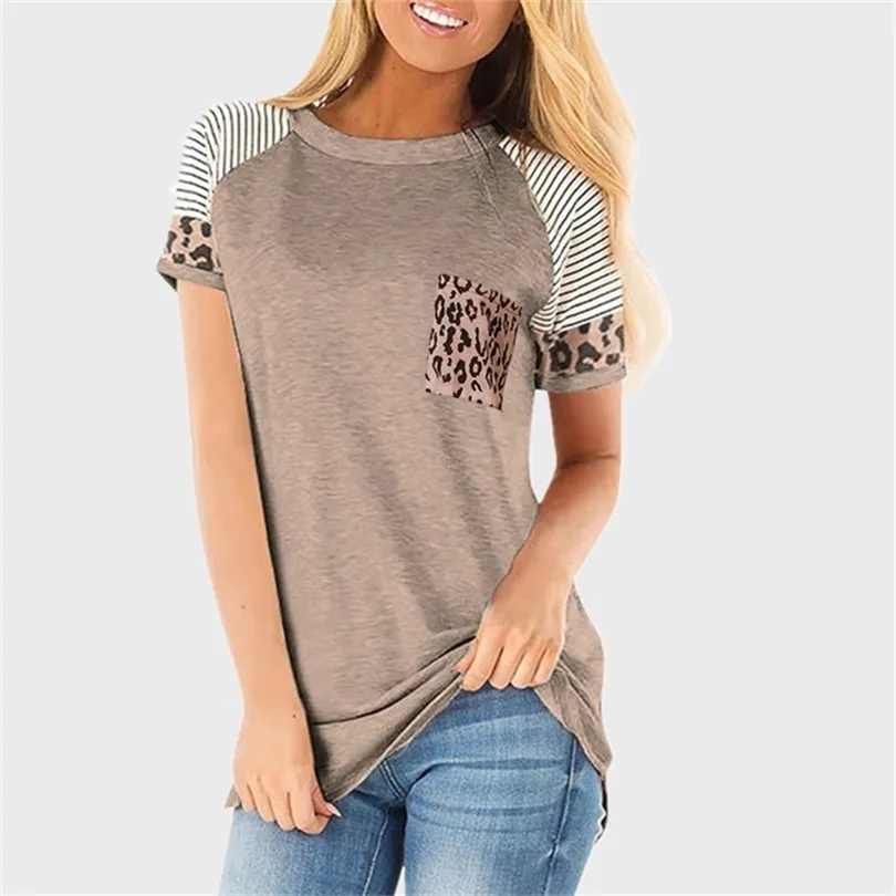 Summer T Shirt Women Raglan Sleeve Tshirt Casual Oneck Kort ärm mode Leopard Pocket Topps Tee Shirts Female Top Tee T200614