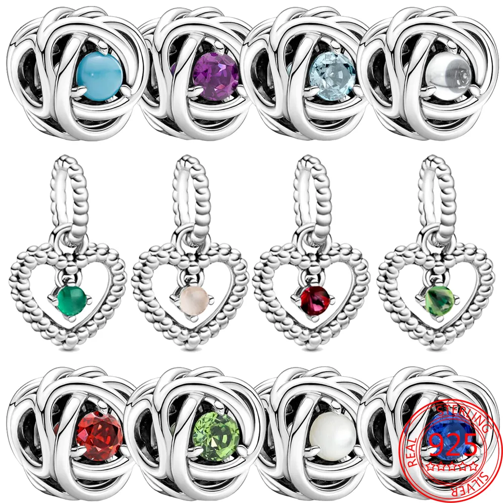 925 Sterling Silver Dangle Charm Tolvmånaders Birthstone Heart Eternity Beads Bead Fit Charms Armband DIY smycken Tillbehör