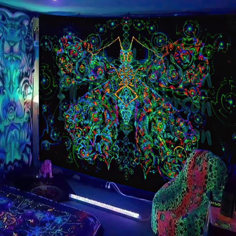 Tapisseries Black Light Tapestry uv réactif esthétique murd hippie pour dortoir de chambre à coucher